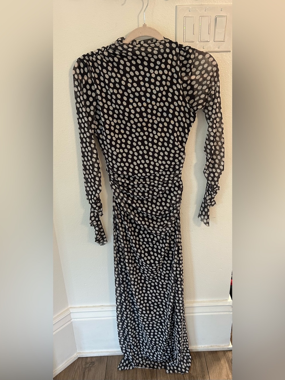 Zara Tulle/Mesh Black Maxi Dress with White Polka Dots - Long Sleeve